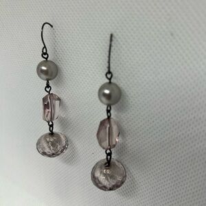 Grey Faux Pearl and Mauve Faceted Glass Bead Drop Earrings Gunmetal Hooks